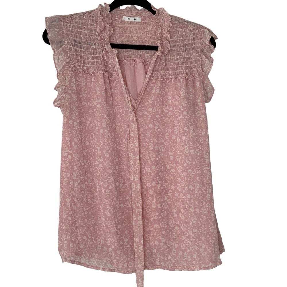 PLEIONE pink floral sleeveless blouse with V neckline. Size M h16